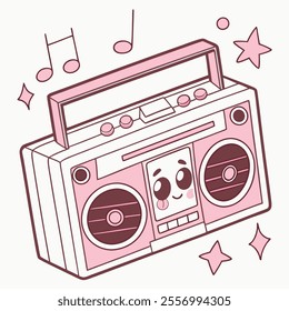 A cute pink boombox with musical notes and stars.