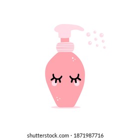 Cute pink bottle character with beauty product and bubbles. Liquid soap, gel, cleanser conceptual icon.