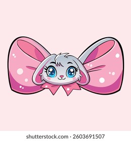 Cute pink bow in cartoon style with a bunny face on a light background