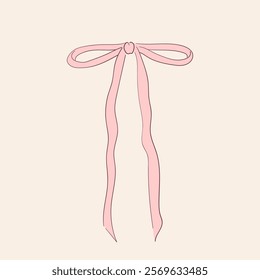 Cute pink bow clipart. Coquette and balletcore girly decoration. Line art silk ribbon accessory. Vintage fashion element in pastel color. Vector illustration