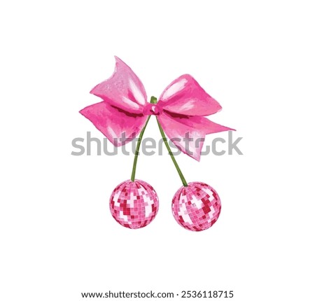 Cute pink bow and disco ball cherry illustration, vector for fashion, card, poster designs
