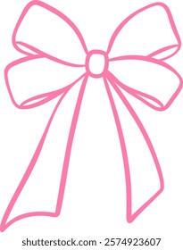 Cute pink bow line art decorative vector clip art illustration, festive ribbon, isolated