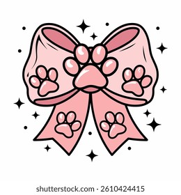 Cute Pink Bow with Paw Prints and Sparkles Illustration