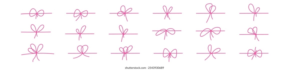 Cute pink bow with ribbon hand drawn style. Vintage knot design, for gift and birthday present decoration. Flat vector illustration isolated on white background.