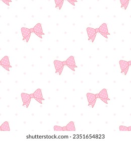 Cute pink bow seamless pattern with pastel pink dots on white background.