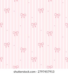 Cute Pink Bow Seamless Pattern with Soft Vertical Stripes and Tiny Hearts for Girly Fashion Design