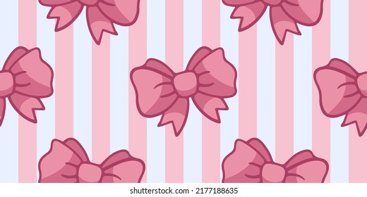 Cute pink bow, vector seamless pattern in the style of doodles, hand drawn