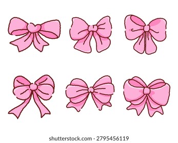 Cute pink bow vector set. Kawaii ribbon elements collection in hand-drawn doodle style, perfect for stickers, fashion design, and gift wrapping decoration.