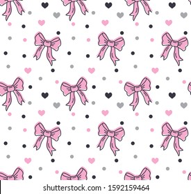 Cute pink bows love pattern with dot, Simple vector repeating texture. background for textile, print and other uses.