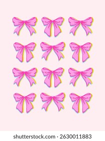 Cute Pink Bows Print. Whimsical Hand Drawn  Style Illustration. Playful, feminine, coquette design in charming girly style. Retro, Vintage aesthetics for stationery, textiles, romantic visual