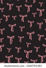 Cute pink bows seamless repeat pattern on black background. Trendy, retro hand drawn, vector ribbon aop, all over surface print. 