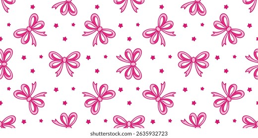 Cute pink bows and stars on white background seamless pattern. Girly doll print for textile, packaging, paper, fabric, vector graphics