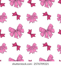 Cute pink bows, tie ups, gift bows.  Seamless pattern. Can be used for wallpaper, fill web page background, surface textures. Vector illustration