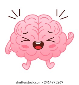 Cute pink brain character with closed eyes and raised hand on white background. Flat style cartoon brain character design. Vector mascot illustration human organ icon design