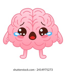 Cute pink brain character crying on a white background. Flat style cartoon brain character design. Vector mascot illustration human organ icon design