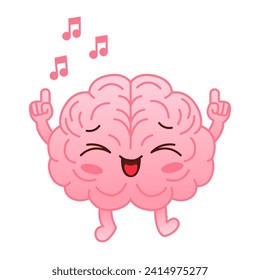 Cute pink brain character dancing with his eyes closed on a white background. Flat style cartoon brain character design. Vector mascot illustration human organ icon design