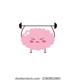 A cute pink brain character struggling to lift a barbell with a determined expression