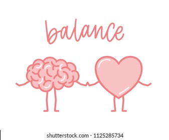 Cute pink brain and heart holding hands. Funny cartoon human organs isolated on white background. Concept of balance of mind and soul, thoughts and feelings. Flat colored vector illustration.