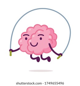 Cute Pink Brain Jumping Rope, Funny Human Nervous System Organ Cartoon Character Vector Illustration on White Background