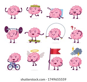 Cute Pink Brain with Various Emotions Set, Funny Human Nervous System Organ Cartoon Character in Different Situations Vector Illustration on White Background