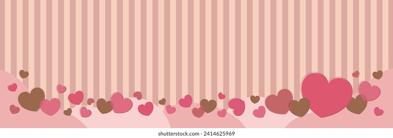 Cute pink and brown heart and stripe pattern fluid shape horizontal long banner background