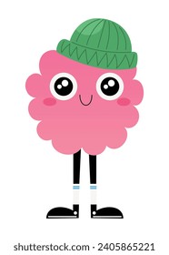 Cute pink bubblegum monster in sneakers and a hat. Adorable childish creature. Hand drawn isolated vector illustration