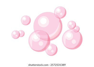 Cute pink bubbles in cartoon style. Vector illustration of air bubbles of different sizes: small, medium, large isolated on white background. Foam. Bathing. Transparent soap bubbles.