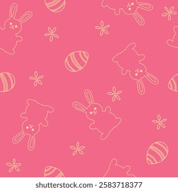 Cute pink bunnies, eggs and flowers vector seamless pattern on pink background. Happy Easter holidays