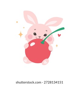 Coelhinho rosa bonito com uma grande cereja. Personagem de coelho fofo para o Dia dos Namorados. Mascote alegre para 14 de fevereiro