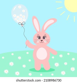 Cute pink bunny with big eyes holding a balloon full of chamomiles. Easter, spring, summer concept. Cartoon rabbit on the meadow. Vector illustration.