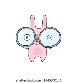 Cute pink bunny with binoculars. idea of cognition, curiosity, interest, questions. Vector stock illustration hand-drawn on a white isolated background. print, character, logo, postcard. 