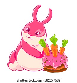 Cute pink Bunny and birthday cake. Vector illustration.
