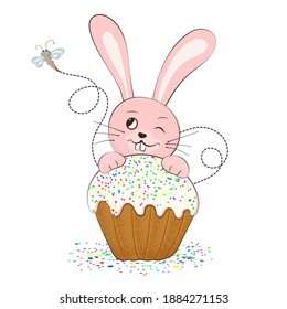 Cute pink bunny with Easter pastries. Vector illustration