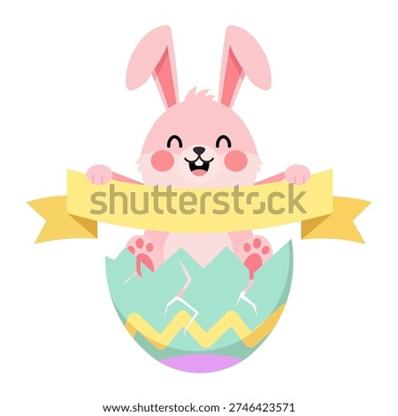 Cute pink bunny emerging from a cracked Easter egg holding a blank banner
