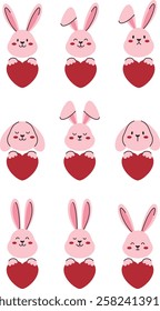 Cute pink bunny faces with different emotions and ear positions. Rabbits hold red hearts in their paws.