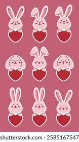 Cute pink bunny faces with different emotions and ear positions. Rabbits holding red hearts in their paws sticker set.	