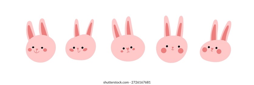 Süße rosa Häschen Gesichter Set, Cartoon Ostern Kaninchen Ausdrücke Vektor