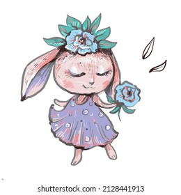 Cute pink Bunny Girl wreath of flowers. Can be used for tshirt print, kids wear fashion design, baby shower invitation card.