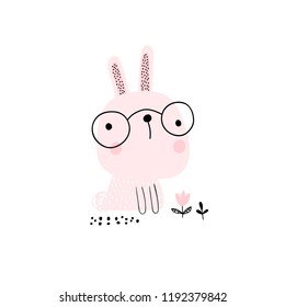 Cute pink bunny with glasses isolated on white background. Vector illustration for children. Perfect for fashion print design, baby shower and invitation card.