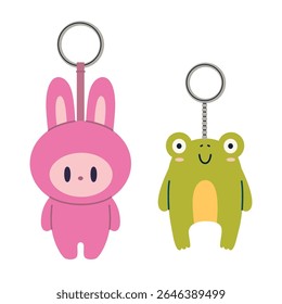 Cute pink bunny and green frog keychains, bag charm with simple round shapes and kawaii faces. Trendy modern vector illustration isolated on white background, hand drawn, flat design