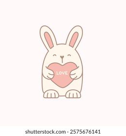 Cute pink bunny  with heart vector illustration. Valentines day postcard print