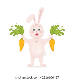 A cute pink bunny is holding a carrot in its paws. Vector illustration, animals and nature.