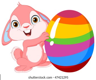 Cute pink bunny holding Easter egg