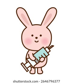 Coelho rosa bonito segurando uma seringa - Ilustração médica