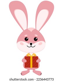 A cute pink bunny holds a gift in its paws. Vector illustration