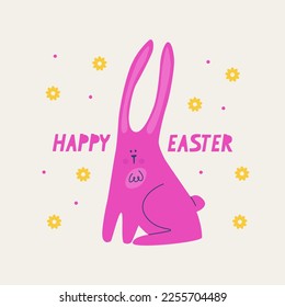 Hermosa conejita rosa con orejas largas. Postal feliz de Pascua. Ilustración de moda multicolor vectorial.