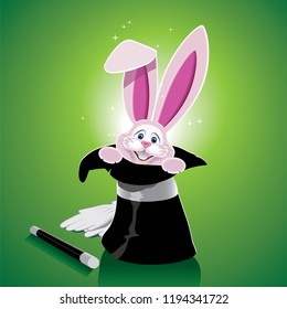 Cute pink bunny in a magic hat with magic wand and gloves isolated on a green background