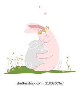 Cute pink bunny mom hugs her baby. Mother's Day. Family Day. Cute funny pets. Vector illustration in a hand-drawn style for a postcard, calendar, banner