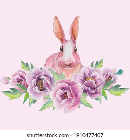 Cute pink bunny in peonies. Watercolor illustration.