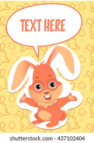 Cute pink bunny rabbit friendly smiling postcard with pattern background vector cartoon illustration